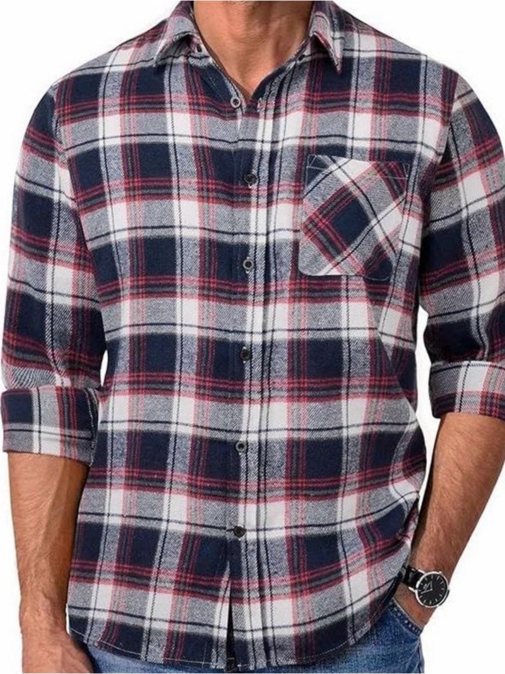 Men's Navy, White & Red Plaid Casual Button-Down Shirt